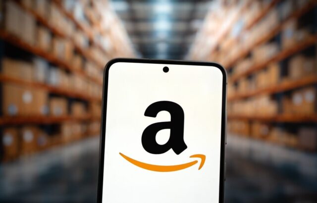 Logo di Amazon con sfondo di prodotti in offerta